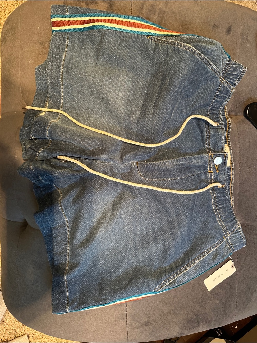 Denim-Look Casual Drawstring Shorts with Striped Side Tape